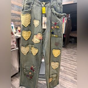 blue Velvet Embroidered Patchwork Women Jeans